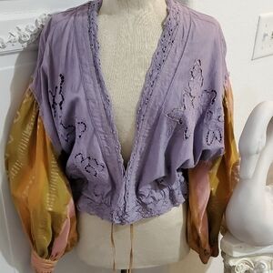 FREE PEOPLE Baloon Sleeve Bomber Cut-Work Lace Top Jacket Lilac Small